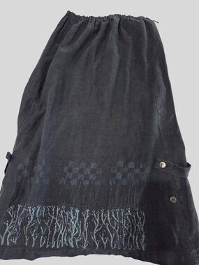 VTG 1996 Blue Fish Linen Maxi Skirt Black Sz 1 Painted Botanical Hem Lagenlook